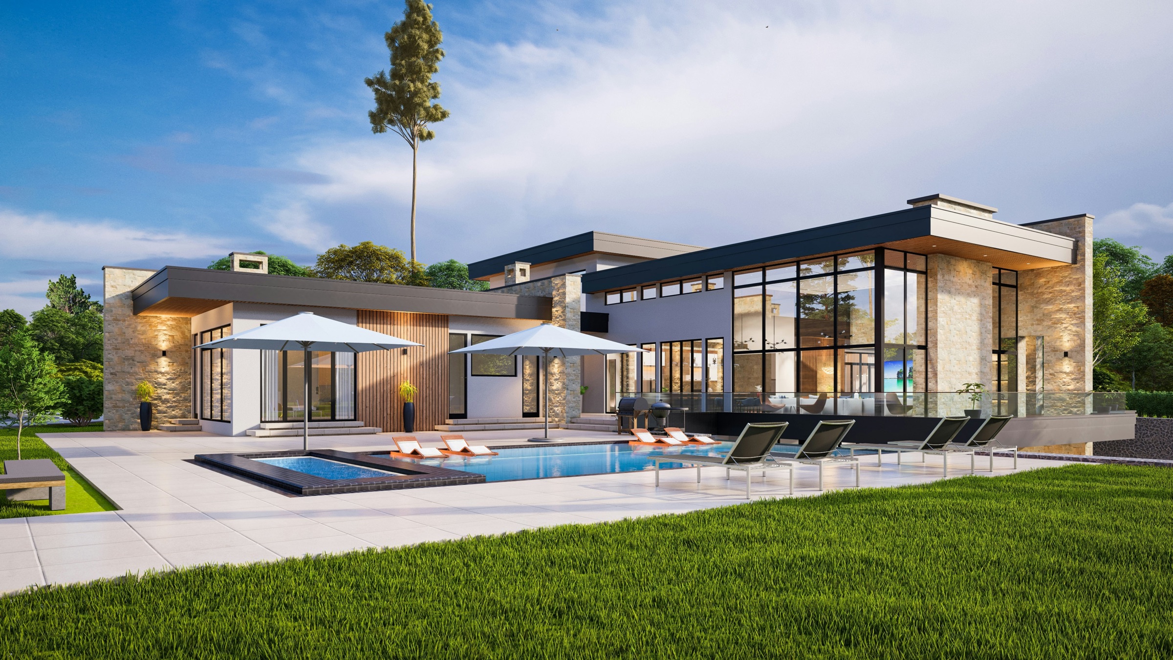 Contemporary residence with a pool at dusk