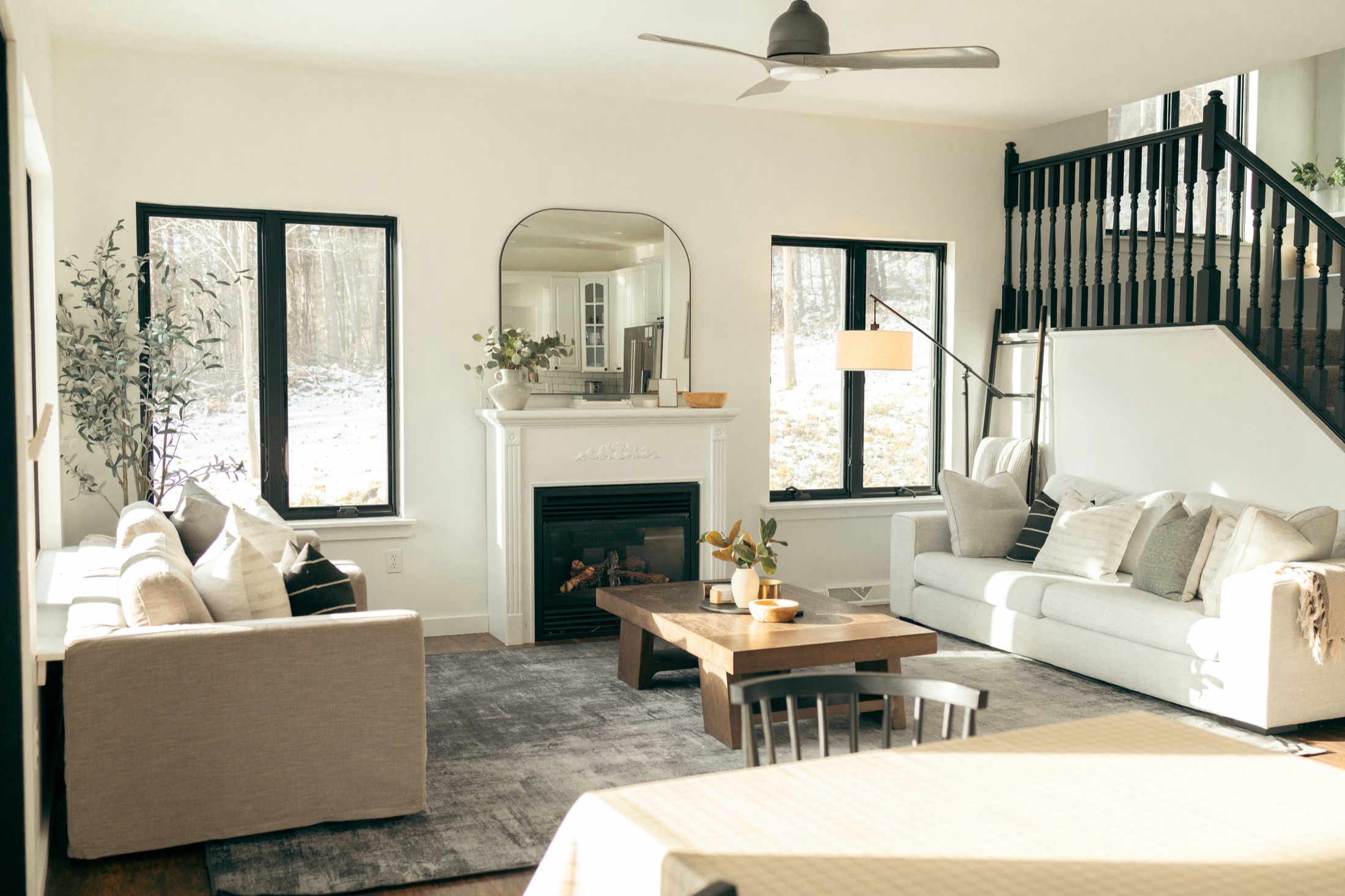 Bright residential living room with black architectural details